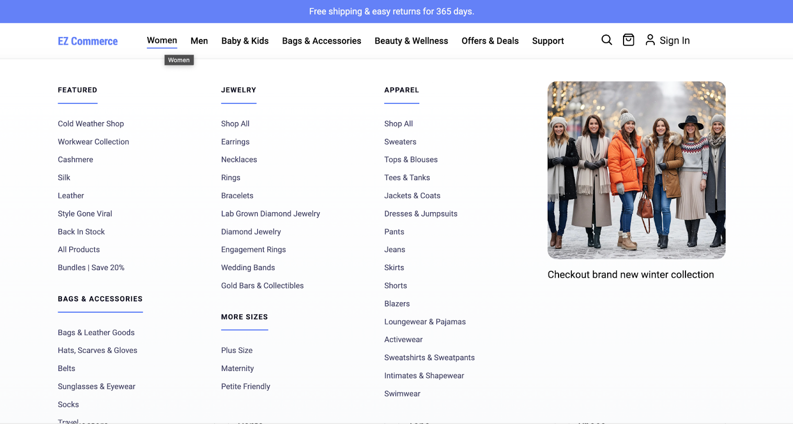 EDS secondary nav womens - publish view